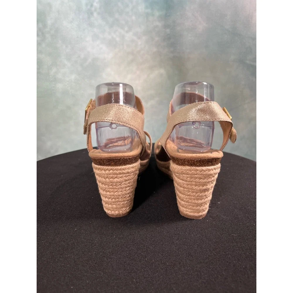 Aetrex‎ Sydney Champagne Gold Shimmer Leather Espadrille Wedge Sandals Womens 10